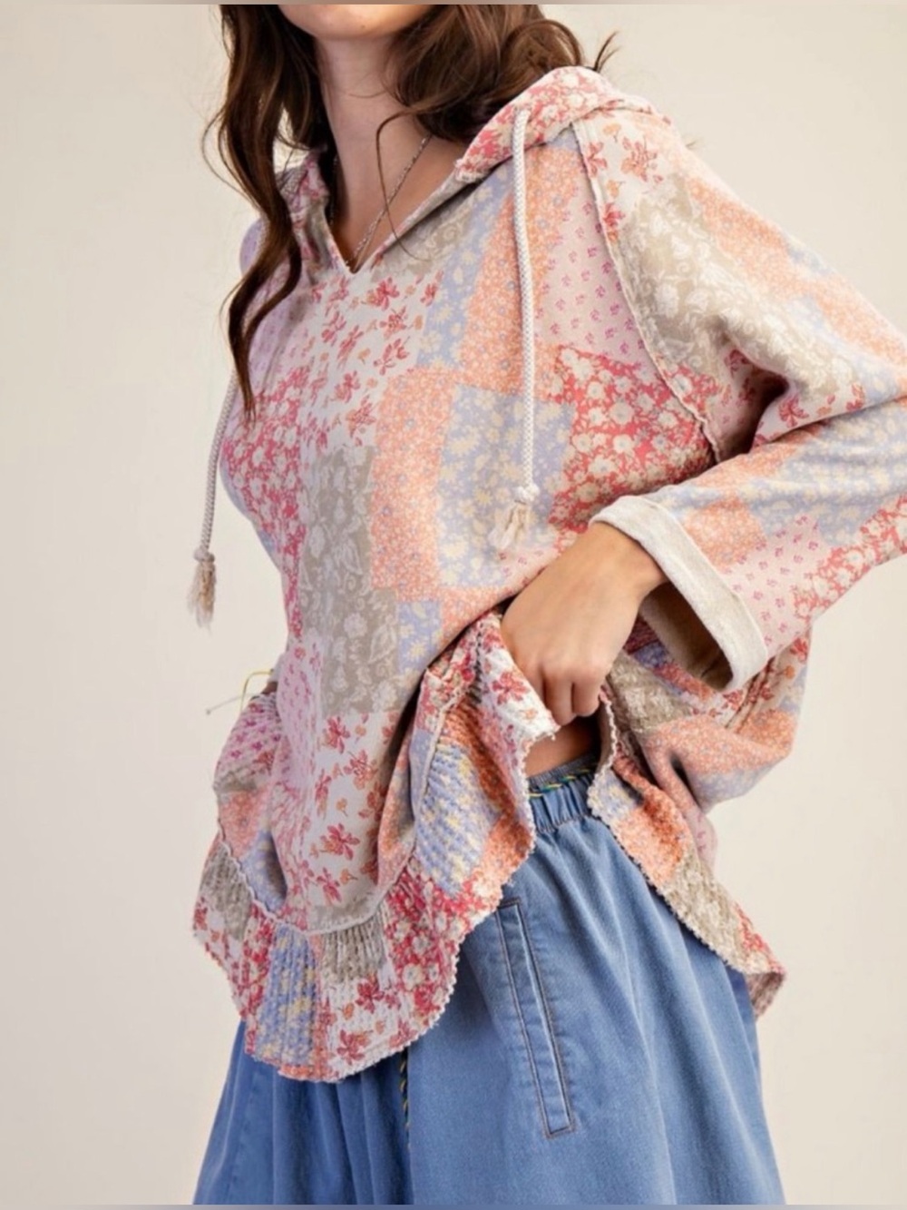 Patchwork Floral Hoodie Top - Pastel Pink Mix - Picture 4 of 10